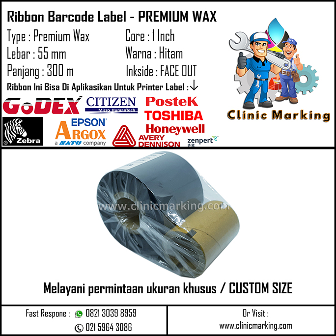 Thermal Transfer Ribbon Wax 55 x 300 - Pita Barcode Premium Wax 55mm x 300m