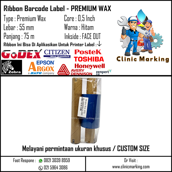Thermal Transfer Ribbon Wax 55 x 75 - Pita Barcode Premium Wax 55mm x 75m