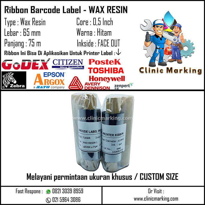 Thermal Transfer Ribbon Wax Resin 65 x 75 - Pita Barcode 65mm x 75m