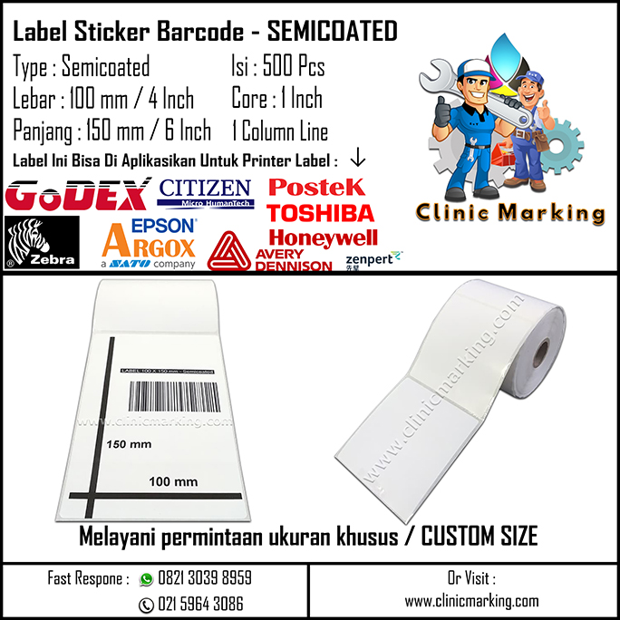 Blank Label Semicoated Size 100mm x 150mm 1Line Core 1 Inch Isi 500 Pcs/Roll