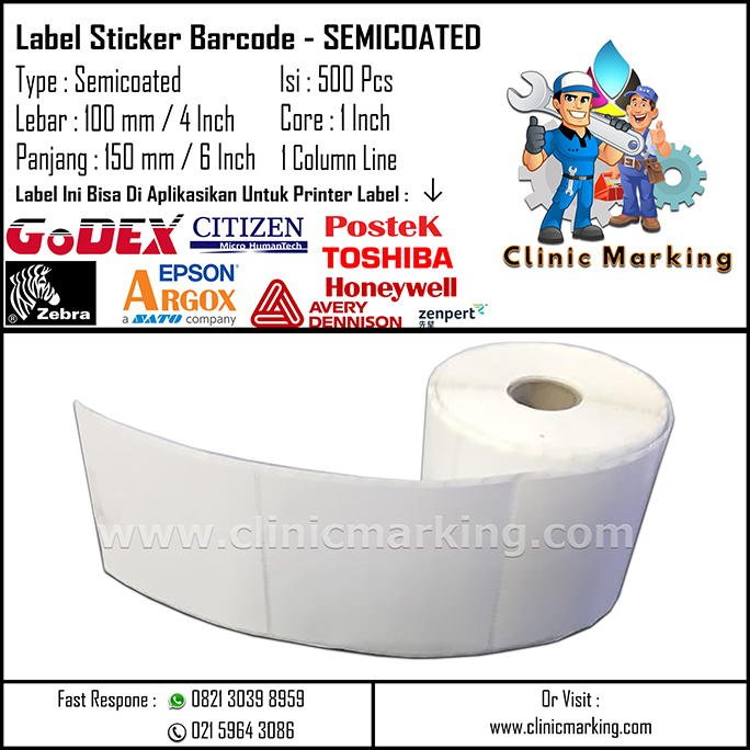 Blank Label Semicoated Size 100mm x 150mm 1Line Core 1 Inch Isi 500 Pcs/Roll