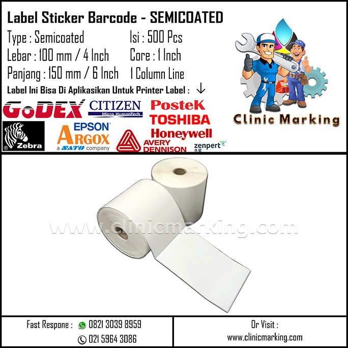 Blank Label Semicoated Size 100mm x 150mm 1Line Core 1 Inch Isi 500 Pcs/Roll