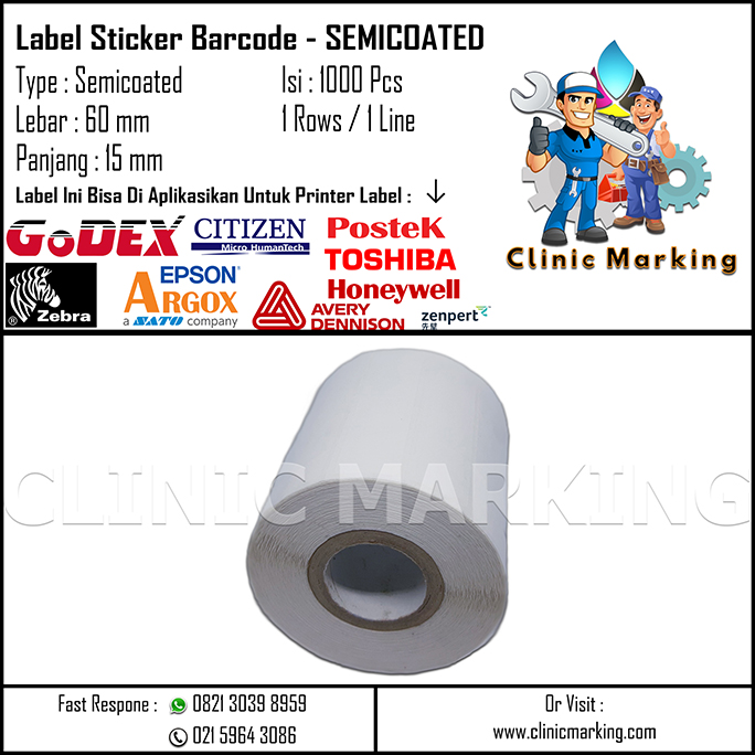 Blank Label Semicoated Size 60mm x 15mm 1Line Core 1 Inch Isi 1000 Pcs/Roll