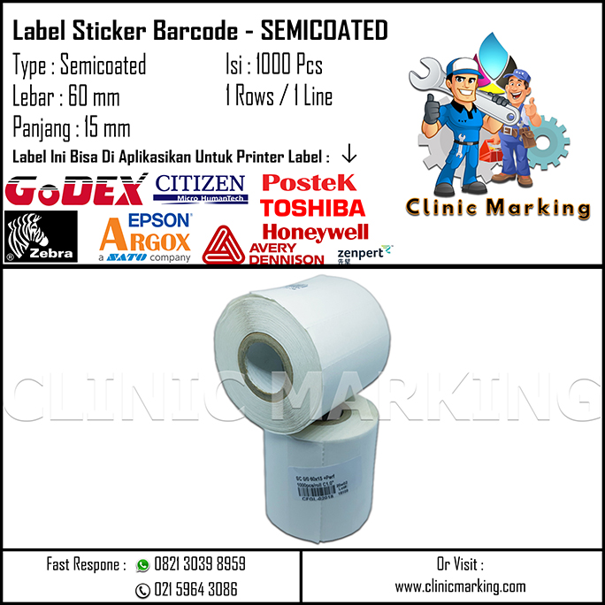Blank Label Semicoated Size 60mm x 15mm 1Line Core 1 Inch Isi 1000 Pcs/Roll