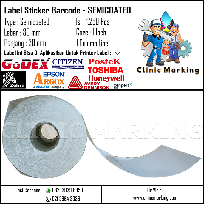 Blank Label Semicoated Size 80mm x 30mm 1Line Core 1 Inch Isi 1250 Pcs/Roll