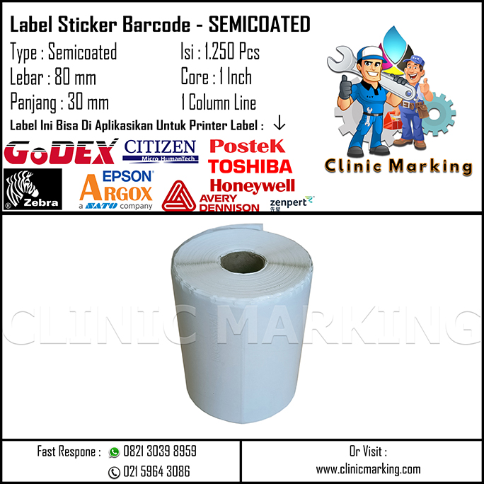 Blank Label Semicoated Size 80mm x 30mm 1Line Core 1 Inch Isi 1250 Pcs/Roll