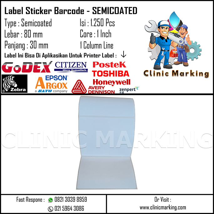 Blank Label Semicoated Size 80mm x 30mm 1Line Core 1 Inch Isi 1250 Pcs/Roll