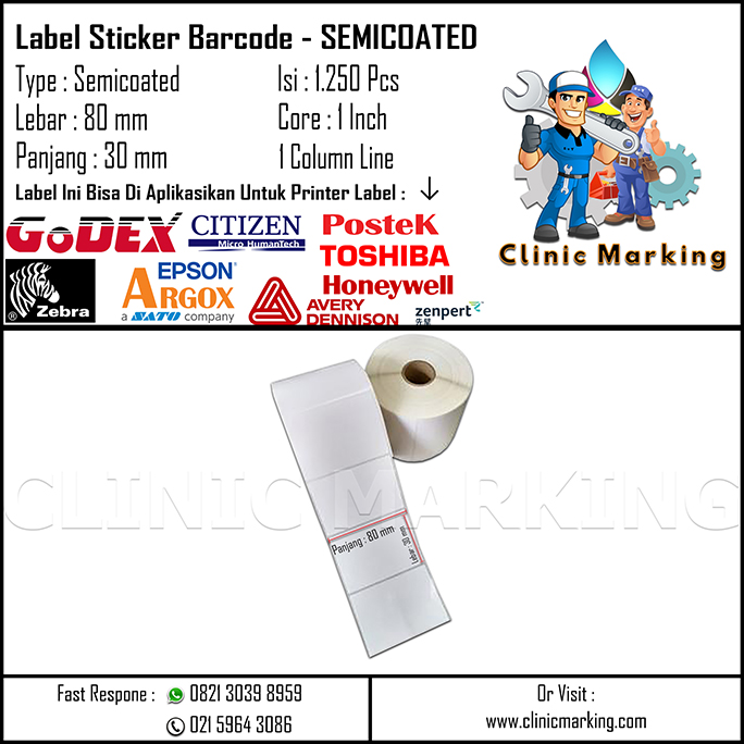 Blank Label Semicoated Size 80mm x 30mm 1Line Core 1 Inch Isi 1250 Pcs/Roll