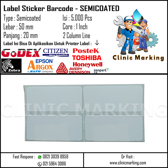 Blank Label Semicoated Size 50mm x 20mm 2Line Core 1 Inch Isi 5000 Pcs/Roll