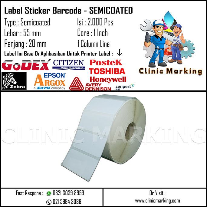 Blank Label Semicoated Size 55mm x 20mm 1Line Core 1 Inch Isi 2000 Pcs/Roll