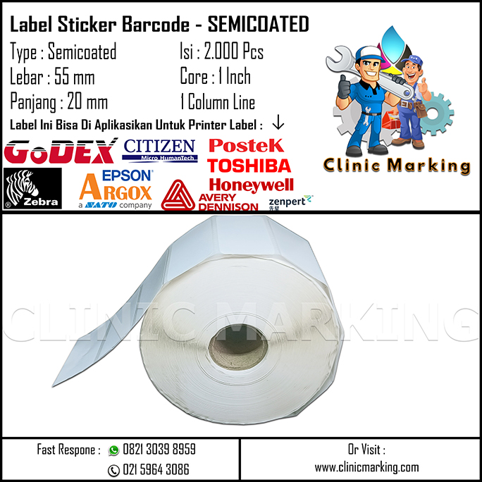 Blank Label Semicoated Size 55mm x 20mm 1Line Core 1 Inch Isi 2000 Pcs/Roll