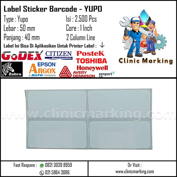 Blank Label Yupo / Synthetic Size 50mm x 40mm 2Line Isi 2500 Pcs Core 1 Inch​