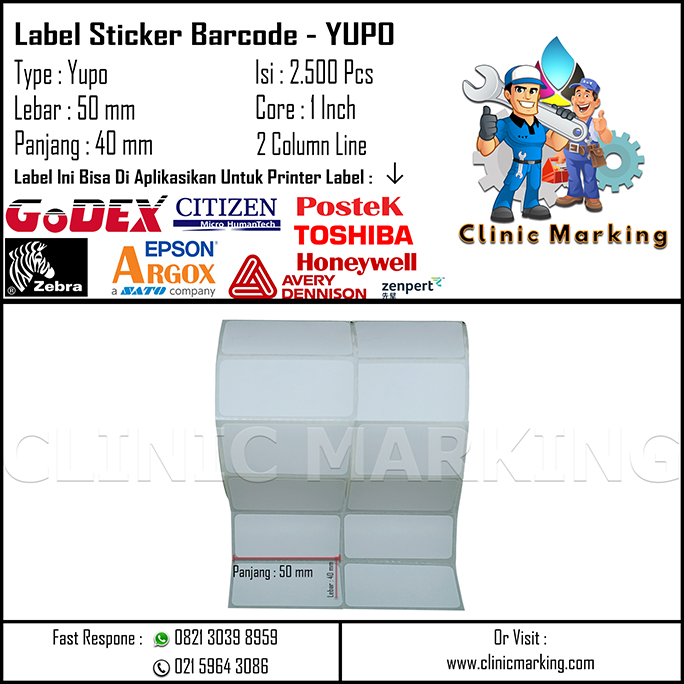Blank Label Yupo / Synthetic Size 50mm x 40mm 2Line Isi 2500 Pcs Core 1 Inch