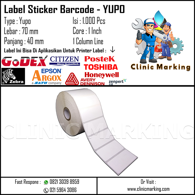 Blank Label Yupo / Synthetic Size 70mm x 40mm 1Line Isi 1000 Pcs Core 1 Inch